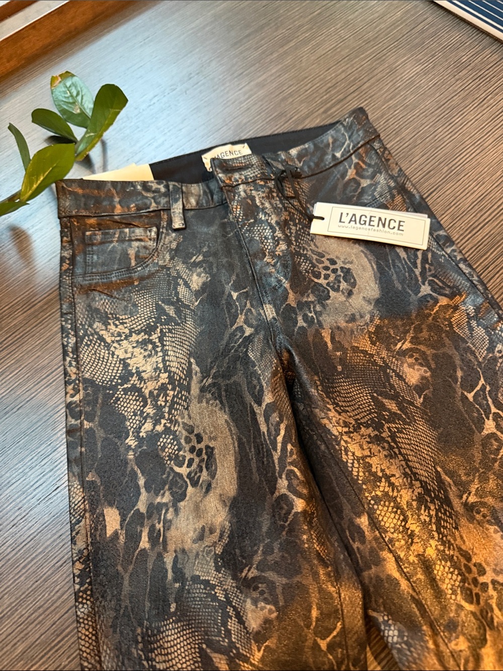 L'AGENCE High-Rise Snake Print Jeans in Black and Bronze